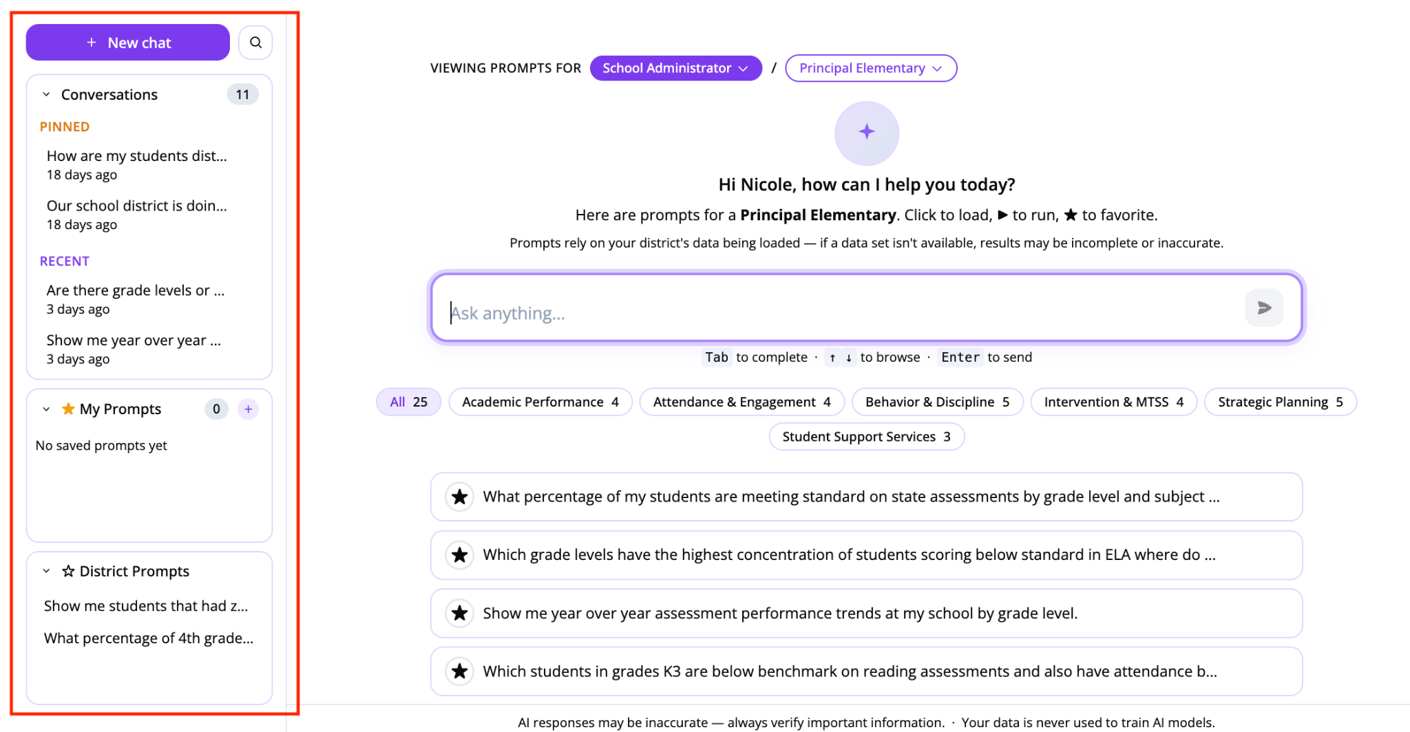 Screenshot highlighting the left sidebar menu showing navigation sections for Pinned, Historical, My Prompts, and District Prompts.