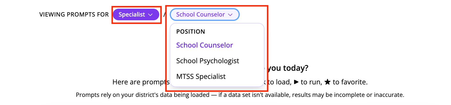 Screenshot showing the dropdown menus for selecting a user role and persona or job function, such as Specialist and School Counselor.