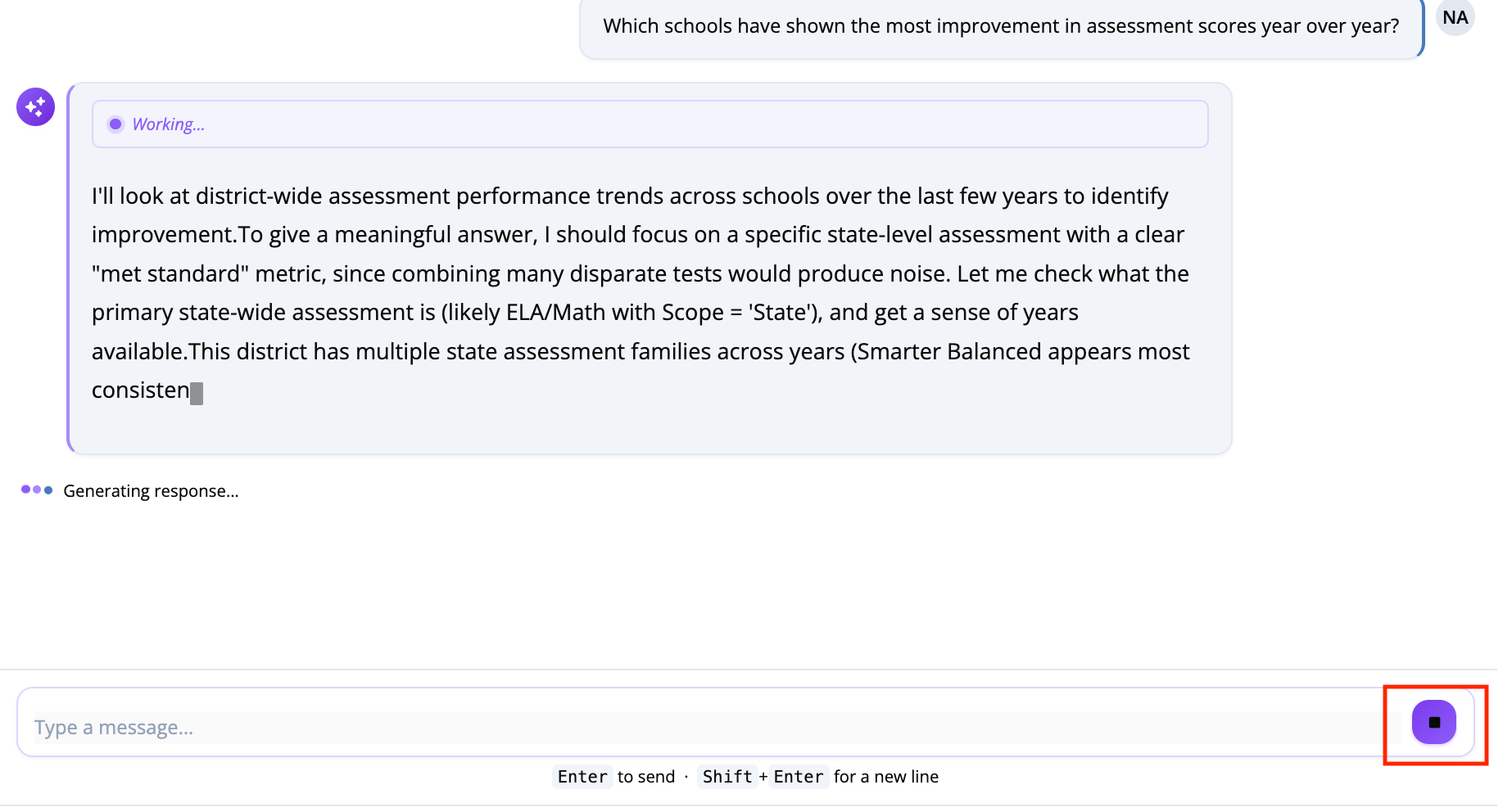 Screenshot showing a prompt generating a response with the stop button highlighted in the message box at the bottom.