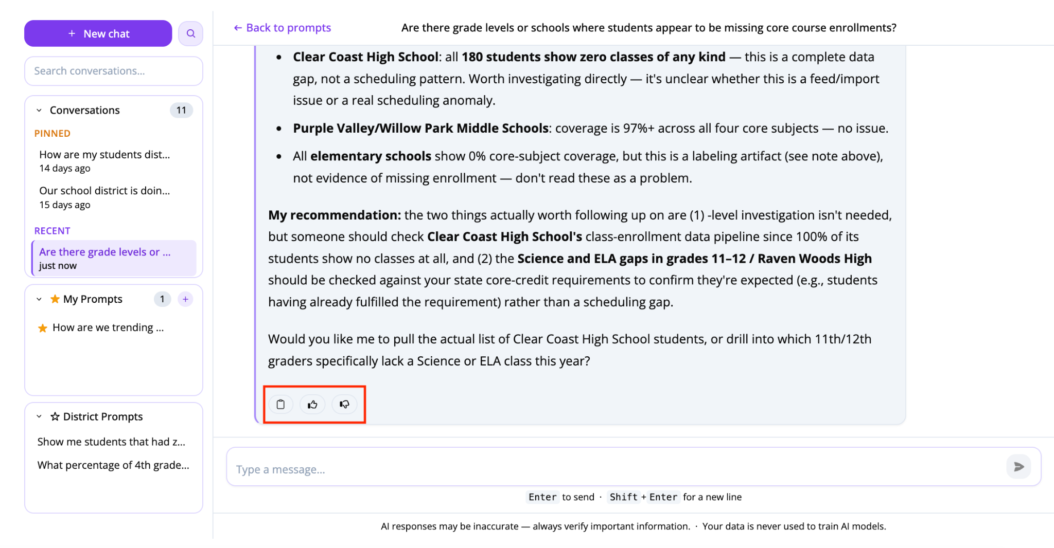 Screenshot showing prompt results with feedback options, highlighting the copy icon and thumbs up/down icons at the bottom left of the response.