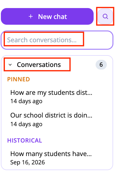 Screenshot of the side panel highlighting the search button and Search conversations input field under Conversations.