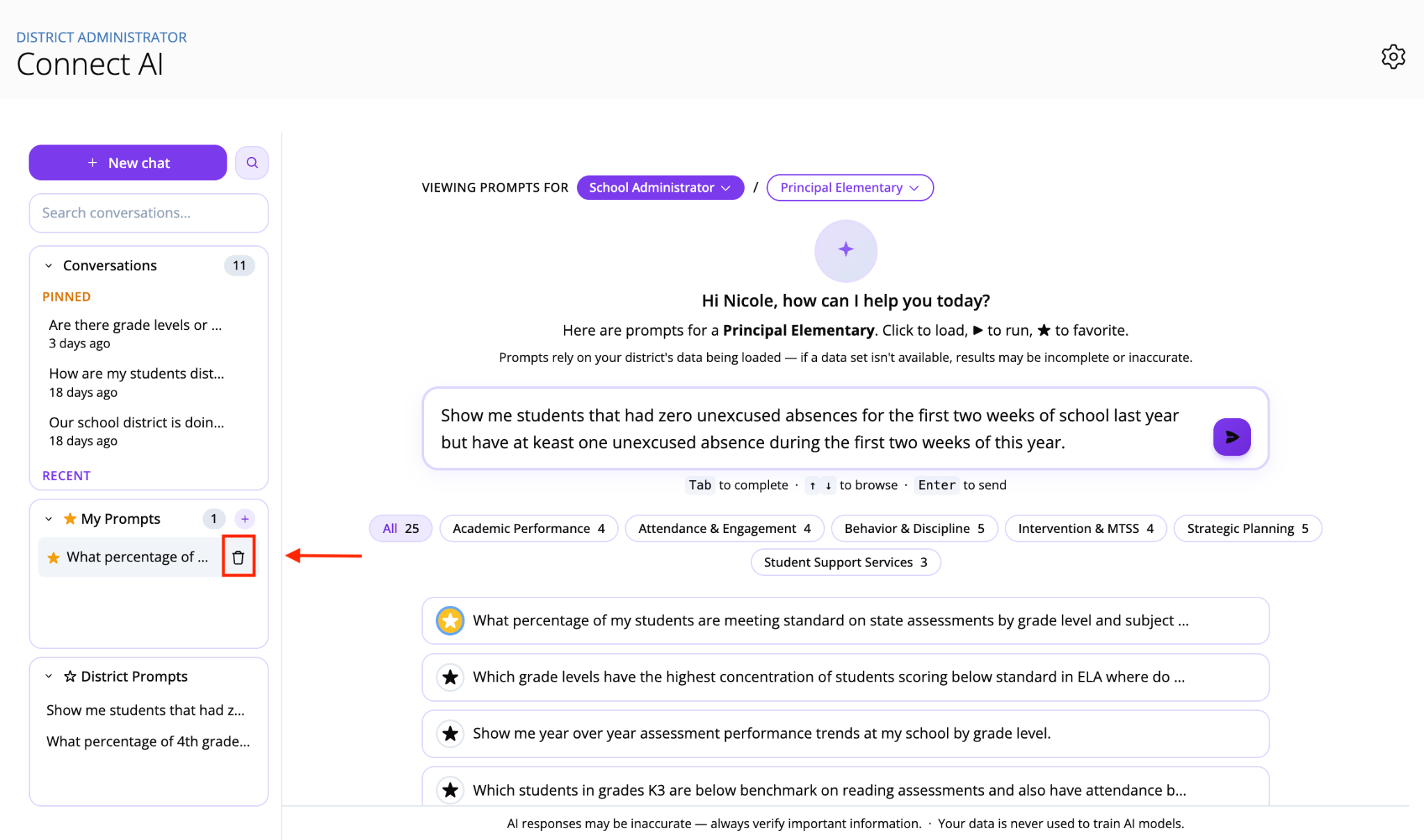 Screenshot showing a favorite prompt being removed using the trash can icon in Connect AI.