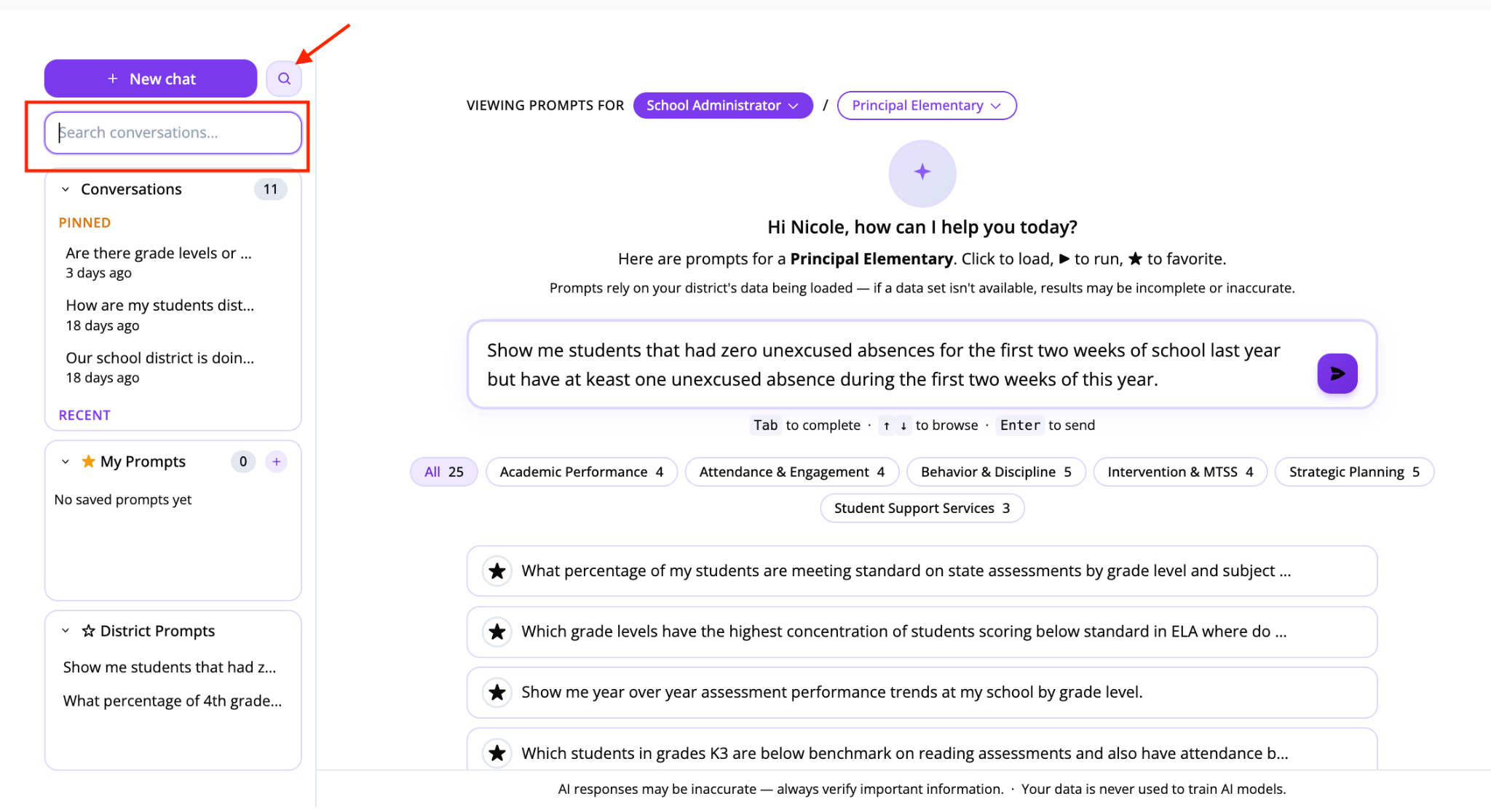 Screenshot showing the search bar and magnifying glass icon for finding previous conversations in Connect AI.