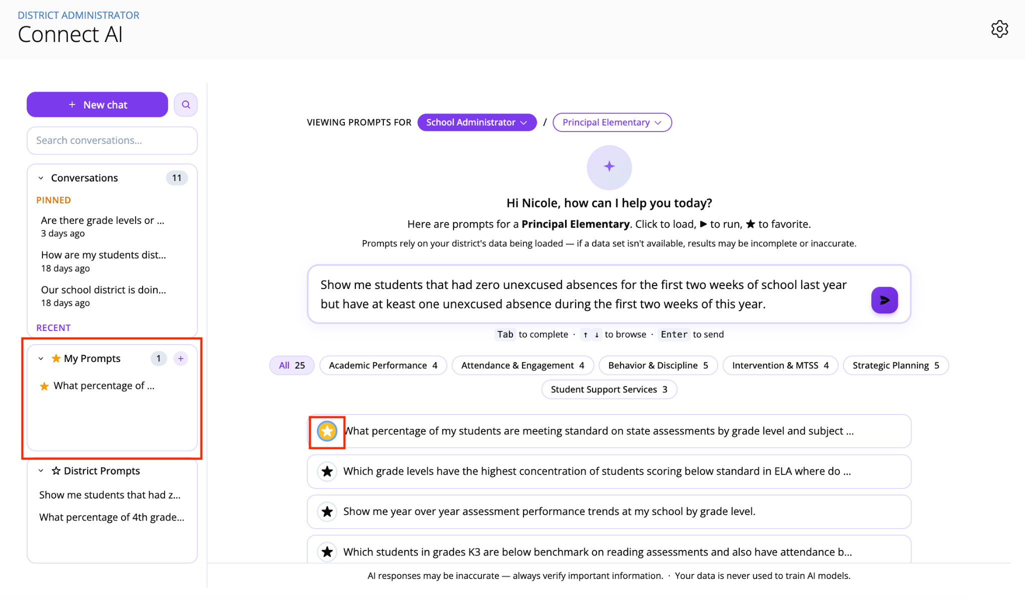Screenshot of the Connect AI interface displaying prompt categories and favorite prompts under the My Prompts section.