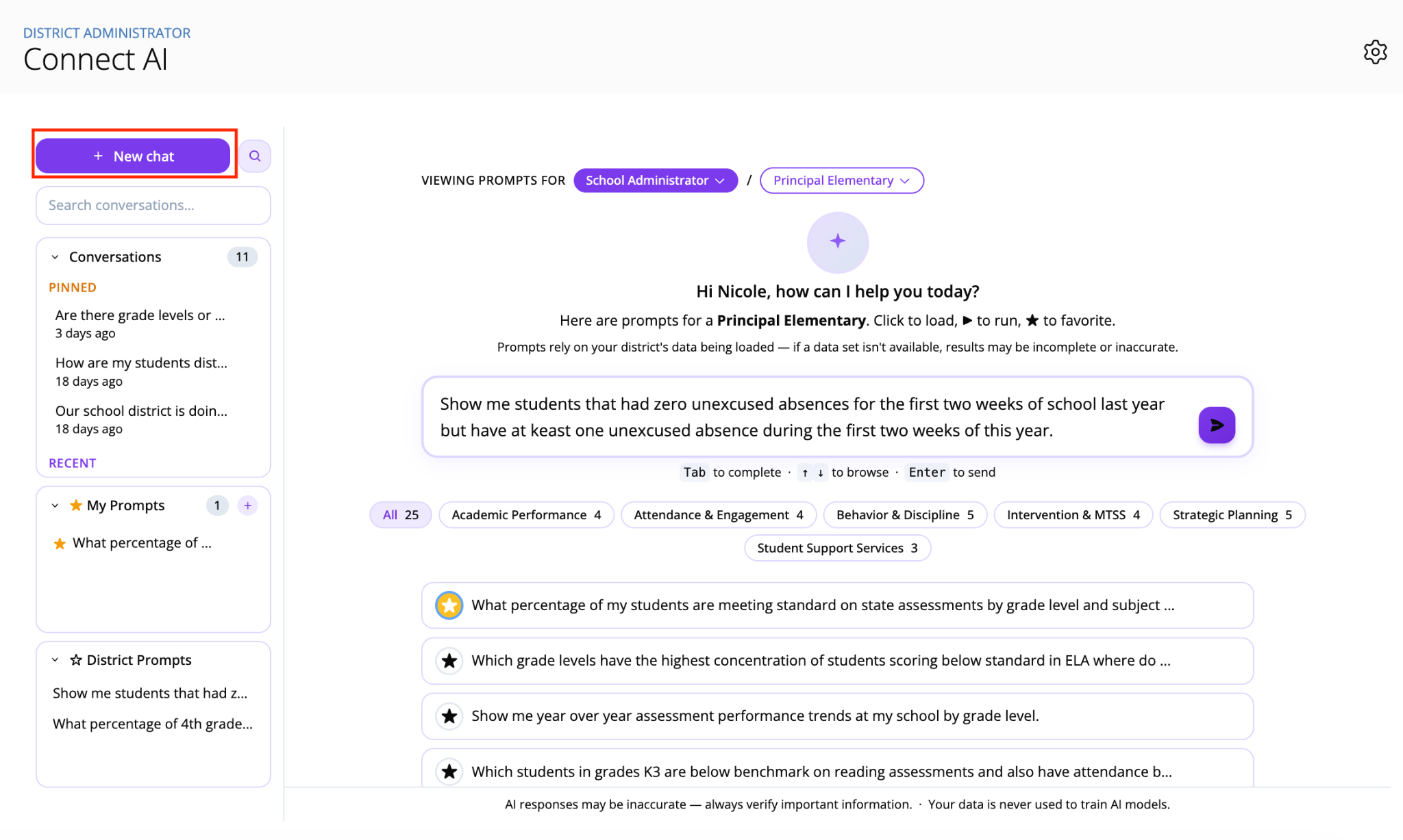 Screenshot highlighting the New Chat button in the Connect AI sidebar menu.