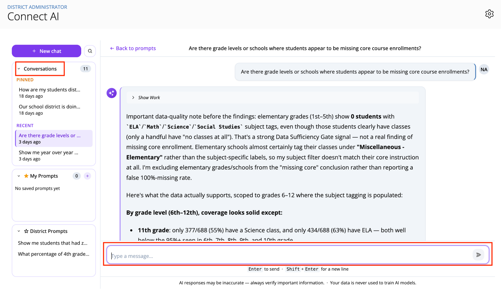 A screenshot of the Connect AI conversation view showing the left-hand sidebar with conversation history, pinned chats, and a message input area at the bottom.