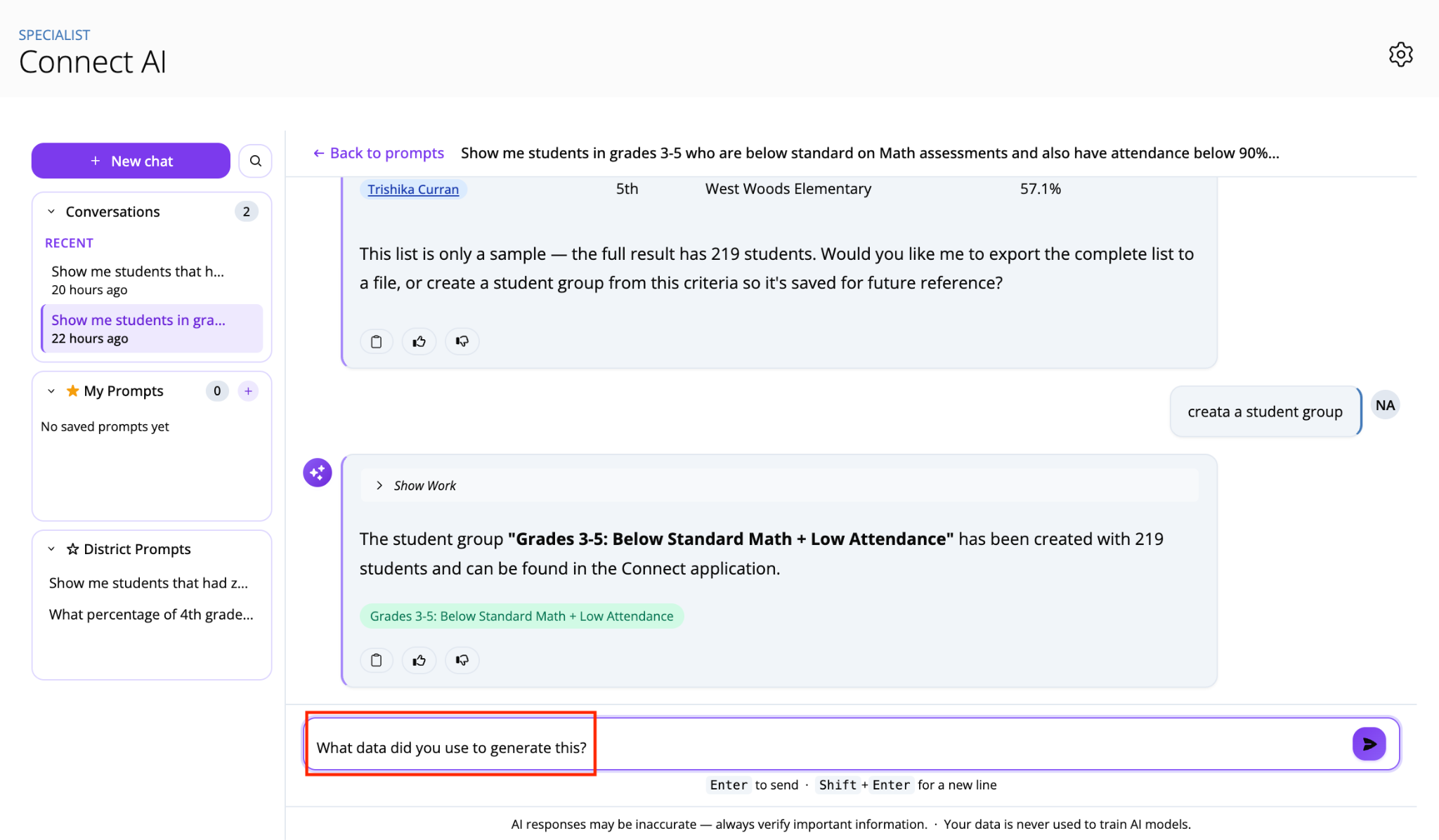 Connect AI chat interface with a red box highlighting the text input box at the bottom containing the validation prompt 'What data did you use to generate this?'.