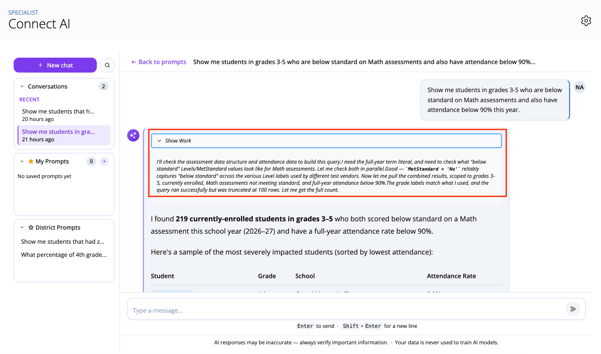 Connect AI chat interface showing an expanded 'Show Work' dropdown box outlined in red, detailing the reasoning behind a query, followed by search results and a student data table.