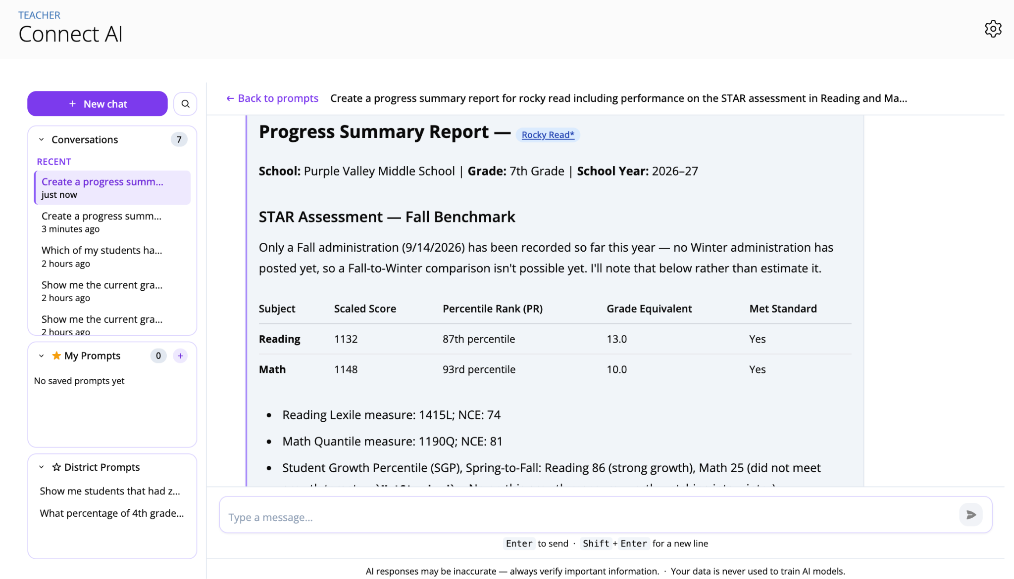 Screenshot of Connect AI displaying a Student Progress Summary Report with STAR Assessment Fall benchmark results.