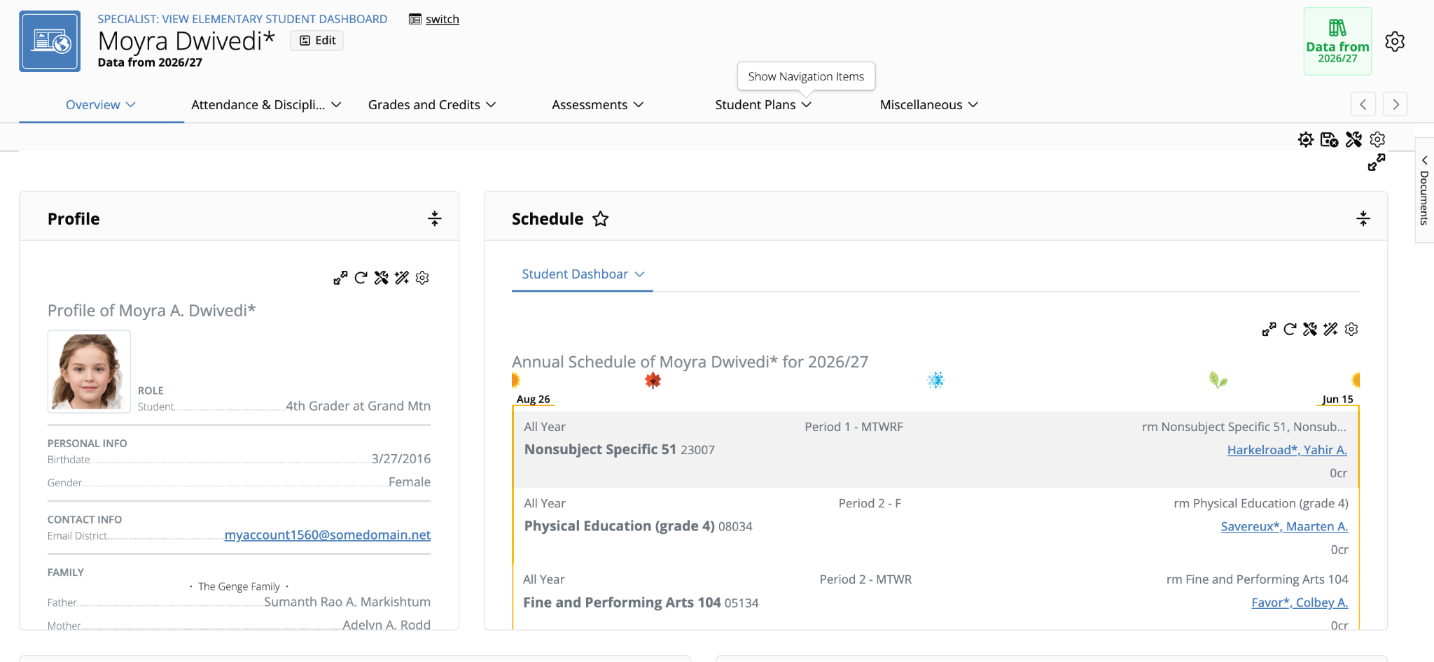Screenshot of a student profile dashboard in Connect AI showing student personal details, contact info, family details, and annual course schedule.