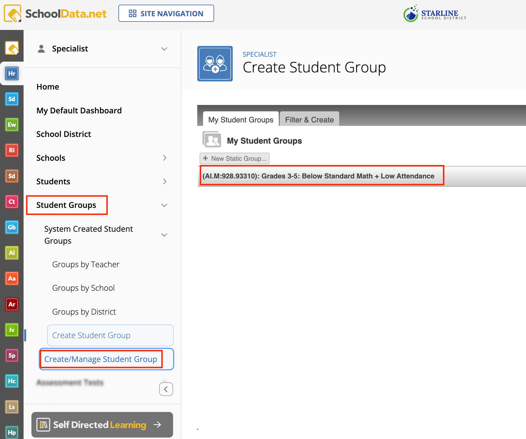 Screenshot of the SchoolData.net navigation panel highlighting 'Student Groups > Create/Manage Student Group' and displaying the created AI student group.