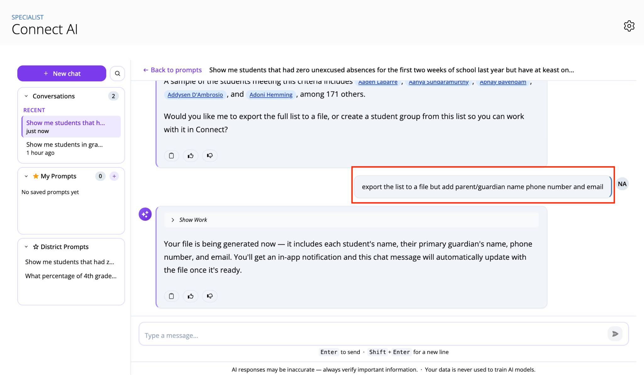 Screenshot of Connect AI chat showing a user requesting data export with parent/guardian contact info, and AI confirming file generation.