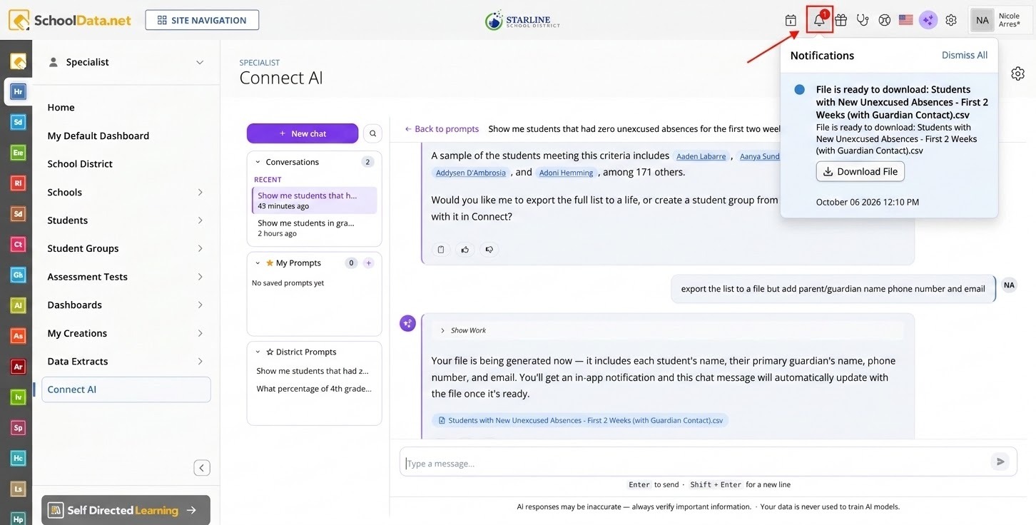 Screenshot showing the top-right notification panel with a notification and link to download the generated CSV data file.