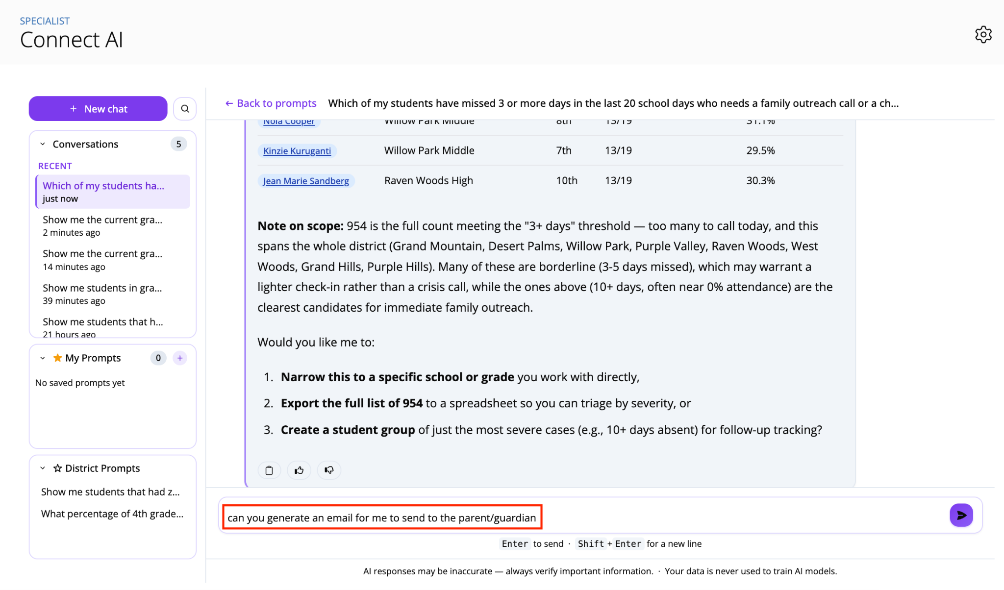 Screenshot of Connect AI chat interface highlighting a prompt entry asking to generate an email for parents/guardians.