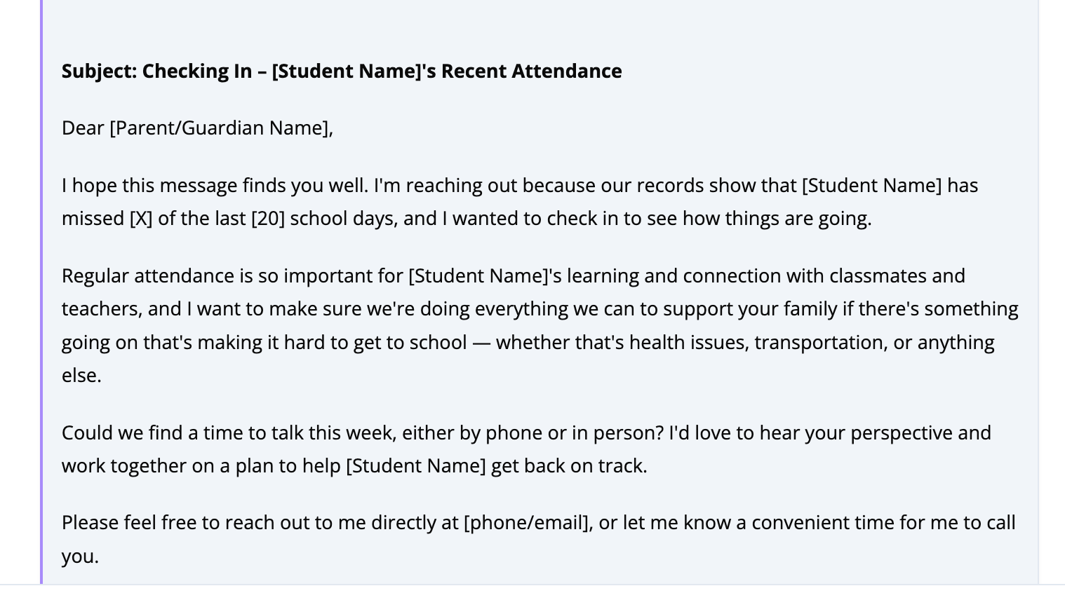 Screenshot of a generated email draft in Connect AI addressed to parents regarding student attendance check-in.