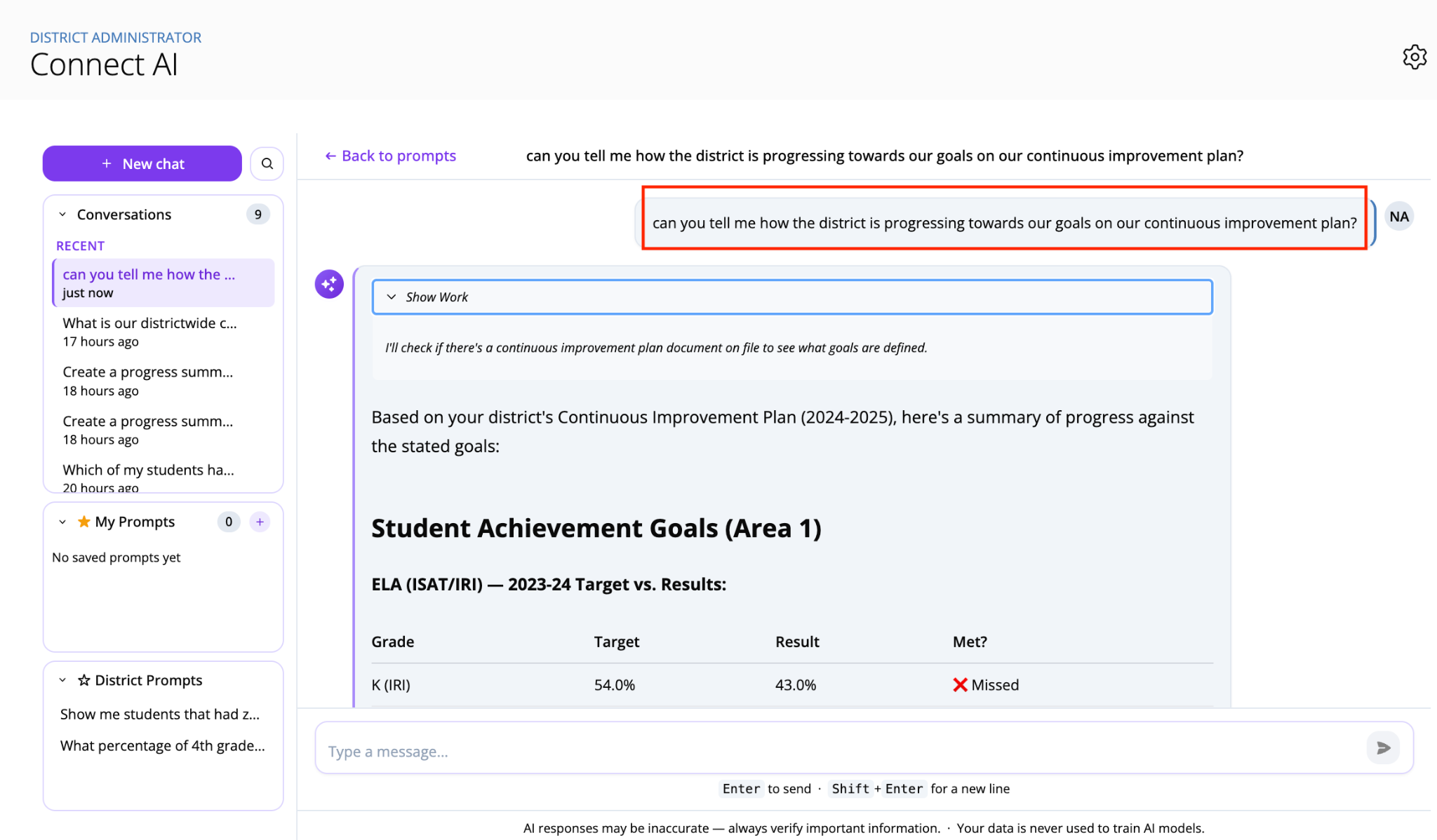 Screenshot of Connect AI response analyzing progress towards goals outlined in an uploaded Continuous Improvement Plan document.